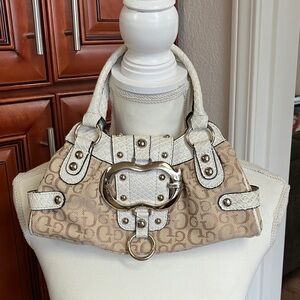 Vintage Guess Rare Find Beige Monogram hand mini  Bag with white Trim